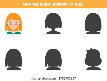 Find the right shadow of cute ginger hair girl. Educational game for kids.