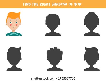 Find the right shadow of cute ginger hair boy. Educational game for kids.