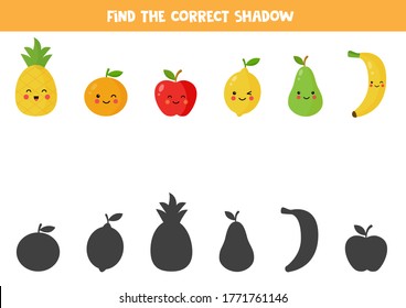 Find the right shadow of cute kawaii fruits. Educational logical game for kids. Activity page for kids. Worksheet for children.