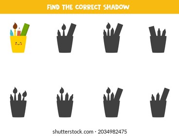 Encuentra la sombra derecha de la taza de lápiz linda. Juego educativo lógico para niños.
