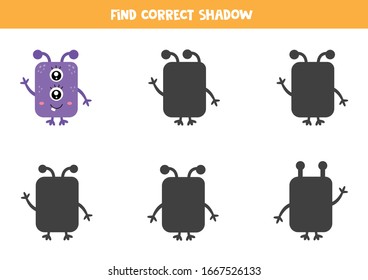 Find the right shadow of cute purple monster. Logical game for kids.