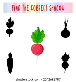 Find the right shadow. Cute radish. Educational game with vegetables. Logic games for children with an answer. A training card with a task for preschool and kindergarten children.