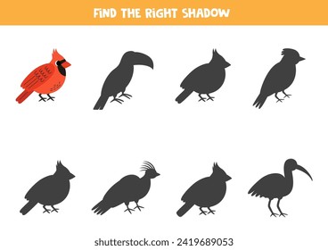 Find the right shadow of cute red cardinal bird. Educational logical game for kids. Printable worksheet for preschoolers.