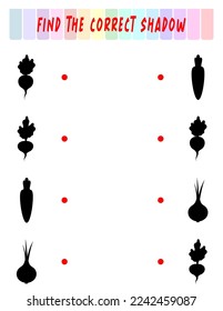 Find the right shadow. Cute vegetables. Educational game with vegetables. Logic games for children with an answer. A training card with a task for preschool and kindergarten children.