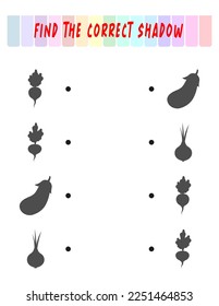 Find the right shadow. Cute vegetables. Educational game with vegetables. Logic games for children with an answer. A training card with a task for preschool and kindergarten children