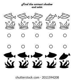 Find the right shadow is an educational game for children. Set with fish and alga. Coloring book. Vector illustration.