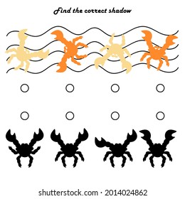 Find the right shadow is an educational game for children. Set with crabs . Vector illustration.