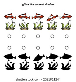 Find the right shadow is an educational game for children. Set with fish . Vector illustration.