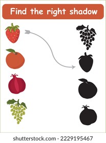 den richtigen Schatten finden. Erziehungsspiel für Kinder. Finden Sie den richtigen Schatten. Kinderaktivität mit Cartoon-Früchten.
