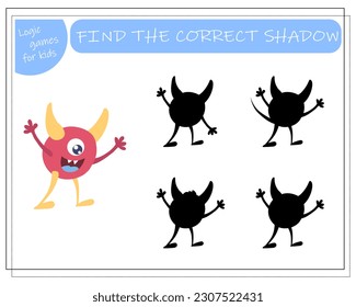 Find the right shadow, an educational game for kids, cartoon monsters, aliens in a flying saucer. Vector illustration on a white background.