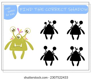 Find the right shadow, an educational game for kids, cartoon monsters, aliens in a flying saucer. Vector illustration on a white background.