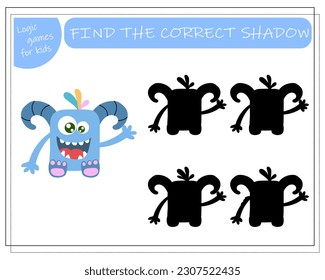 Find the right shadow, an educational game for kids, cartoon monsters, aliens in a flying saucer. Vector illustration on a white background.