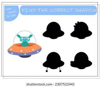 Find the right shadow, an educational game for kids, cartoon monsters, aliens in a flying saucer. Vector illustration on a white background.