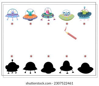 Find the right shadow, an educational game for kids, cartoon monsters, aliens in a flying saucer. Vector illustration on a white background.