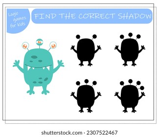 Find the right shadow, an educational game for kids, cartoon monsters, aliens in a flying saucer. Vector illustration on a white background.