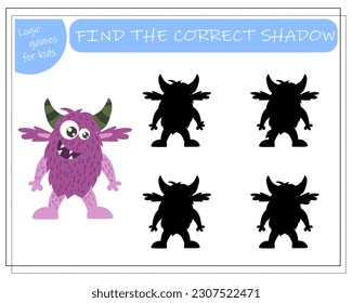 Find the right shadow, an educational game for kids, cartoon monsters, aliens in a flying saucer. Vector illustration on a white background.
