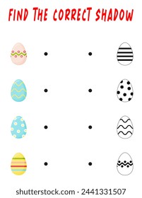Find the right shadow. Educational game with cute eggs. Easter eggs with logic games for children. A training card with tasks for preschool and kindergarten children.