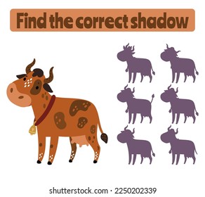 Find right shadow. Educational matching game for children. Preschool kids worksheet. Cute cow and animal silhouette shapes. Logic task. Mind test. Search right solution