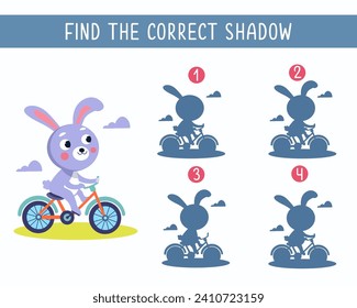 Find the right shadow. Game for children. Activity, vector kids illustration. Cute flat stylised cartoon hare on bicycle. 