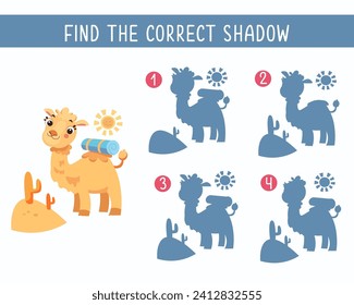 Encuentra la sombra correcta. Juego para niños. Actividad, ilustración infantil vectorial. Cálido camello de dibujos animados de estilo plano en el desierto. 