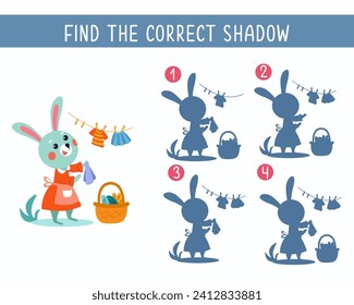 Find the right shadow. Game for children. Activity, vector children illustration. Cute flat stylised cartoon bunny mother hanging clothes. 