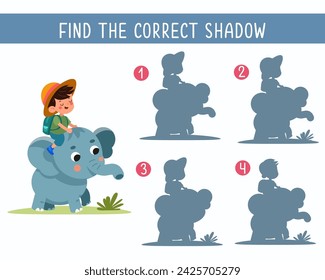 Find the right shadow. Game for children. Cute cartoon elephant and boy. Flat stylised isolated simple illustration. Educational puzzle for children. Vector graphics.	