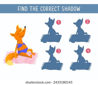 Find the right shadow. Game for children. Cartoon fox in swimming costume on beach in summer. Cute character in flat style. Vector flat isolated illustration on white background.