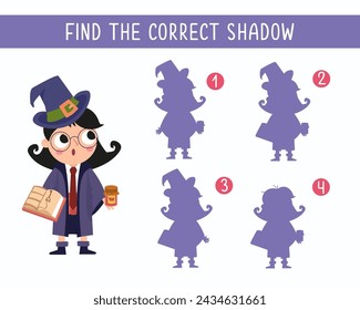 Encuentra la sombra correcta. Juego para niños. Chica linda bruja en sombrero mágico sobre fondo blanco. Halloween y escuela de magia. Ilustración vectorial.