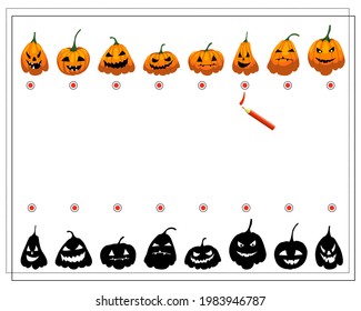 find the right shadow, halloween pumpkins with different faces, vector isolated on white background.
