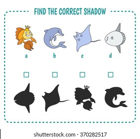  Find the right shadow image. Educational games for kids. Sea life. 