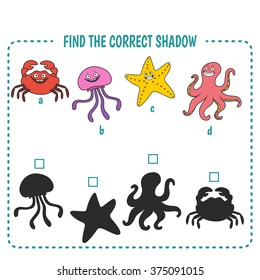 Find the right shadow image. Educational games for kids. Sea life.