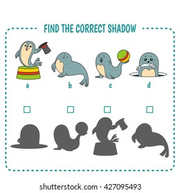 Find the right shadow image. Educational games for kids. seals