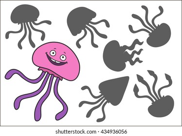 Find the right shadow image. Educational games for kids.Cute cartoon Jellyfish