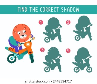 Find the right shadow. Puzzle Game for children. Cute lion on motorbike on white background. Transport and animals. Vector illustration.