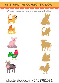 Find the right shadow. Puzzle Game for children. Cute cartoon style characters. Animals on white background. Preschool activity. Vector illustrations.