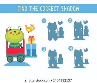 Find the right shadow. Puzzle Game for children. Cute animal on white background. Transport and animals. Vector illustration.