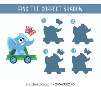 Find the right shadow. Puzzle Game for children. Cute animal on white background. Transport and animals. Vector illustration.
