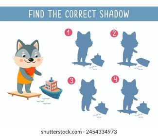 Find the right shadow. Puzzle Game for children. Cute animal on white background. Transport and animals. Vector illustration.