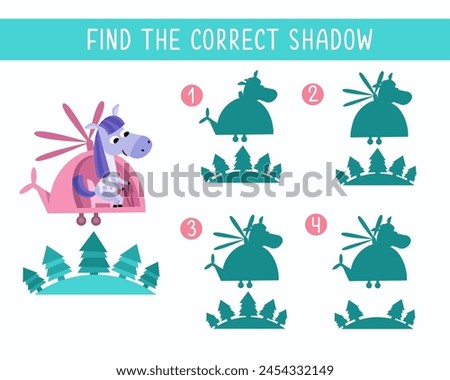 Find the right shadow. Puzzle Game for children. Cute animal on white background. Transport and animals. Vector illustration.