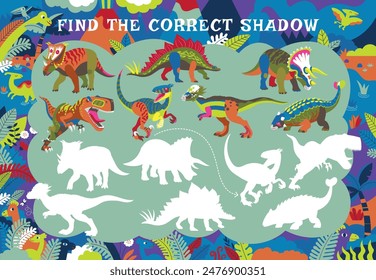 Find the right shadow. Vector game for children with the image of dinosaurs.