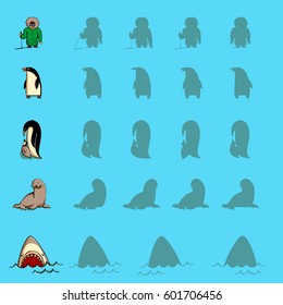 Find the right shadow visual games. Five games Set. Solution in hidden layer! Theme is Antarctica.  Illustration is in eps10 vector mode.