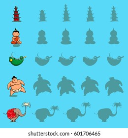 Find the right shadow visual games. Five games Set. Solution in hidden layer! Theme is Asia.  Illustration is in eps10 vector mode.
