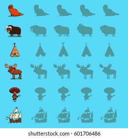 Find the right shadow visual games. Six games Set. Solution in hidden layer! Theme is North America.  Illustration is in eps10 vector mode.