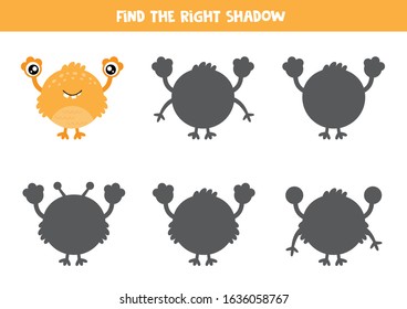 Find the right shadow of yellow cute cartoon monster. Educational game for kids.