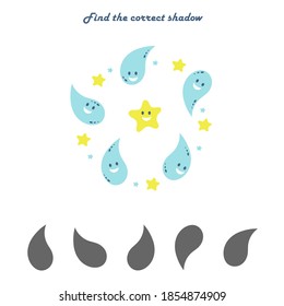 Find the right shadow-an educational game for children. A set of fun sea drops . Vector illustration