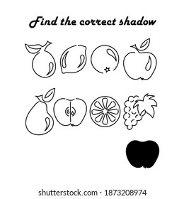Find the right shadow-an educational game for children. Set with fruit silhouettes. Vector illustration