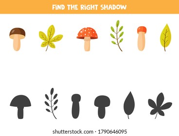 Find right shadows of autumn leaves and forest mushrooms. Educational logical game for kids. Printable worksheet. 