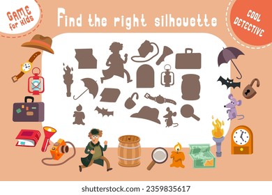 Find the right silhouette, shadow. Puzzle game for kids. Large set of objects for detective adventures. Cute cartoon characters and objects. Vector colour illustration. 