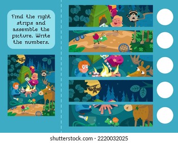 Find the right strips and assemble the picture. Write the numbers. Puzzle game for children.  Animals in the forest. Cute characters and a cartoon style tent camp. Vector illustration.