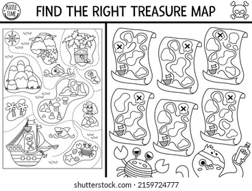 Find the right treasure map. Black and white treasure island matching activity for children. Sea adventures line educational quiz worksheet for kids. Printable coloring page
